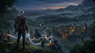 Illustration d’un sorceleur aux cheveux argentés observant Letten, la région rurale du DLC The Witcher 3 Songs of the Past, avec une chaîne enchantée au premier plan.