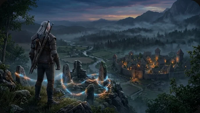 Illustration d’un sorceleur aux cheveux argentés observant Letten, la région rurale du DLC The Witcher 3 Songs of the Past, avec une chaîne enchantée au premier plan.