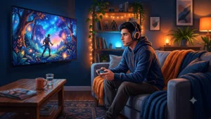 Jeune gamer concentré avec casque et manette, assis dans un salon cosy devant un grand écran affichant une scène de jeu colorée, ambiance chaleureuse et immersive.