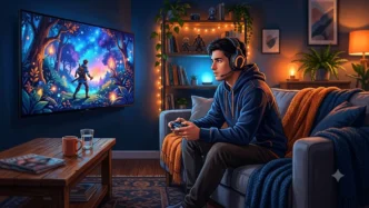 Jeune gamer concentré avec casque et manette, assis dans un salon cosy devant un grand écran affichant une scène de jeu colorée, ambiance chaleureuse et immersive.