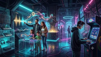 Famille explorant une exposition interactive sur la musique de jeux vidéo à la Philharmonie de Paris