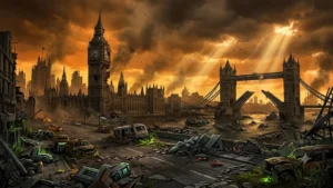 Illustration Londres post-apocalyptique avec Big Ben en ruine et ciel orange radioactif pour Fallout London mod record GOG