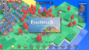 Illustration de Farewells Clicker montrant une île avec bâtiments, champs de blé, arbres et ressources dans un style clicker incrémental et city builder de Team Square