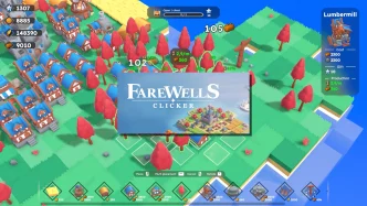 Illustration de Farewells Clicker montrant une île avec bâtiments, champs de blé, arbres et ressources dans un style clicker incrémental et city builder de Team Square