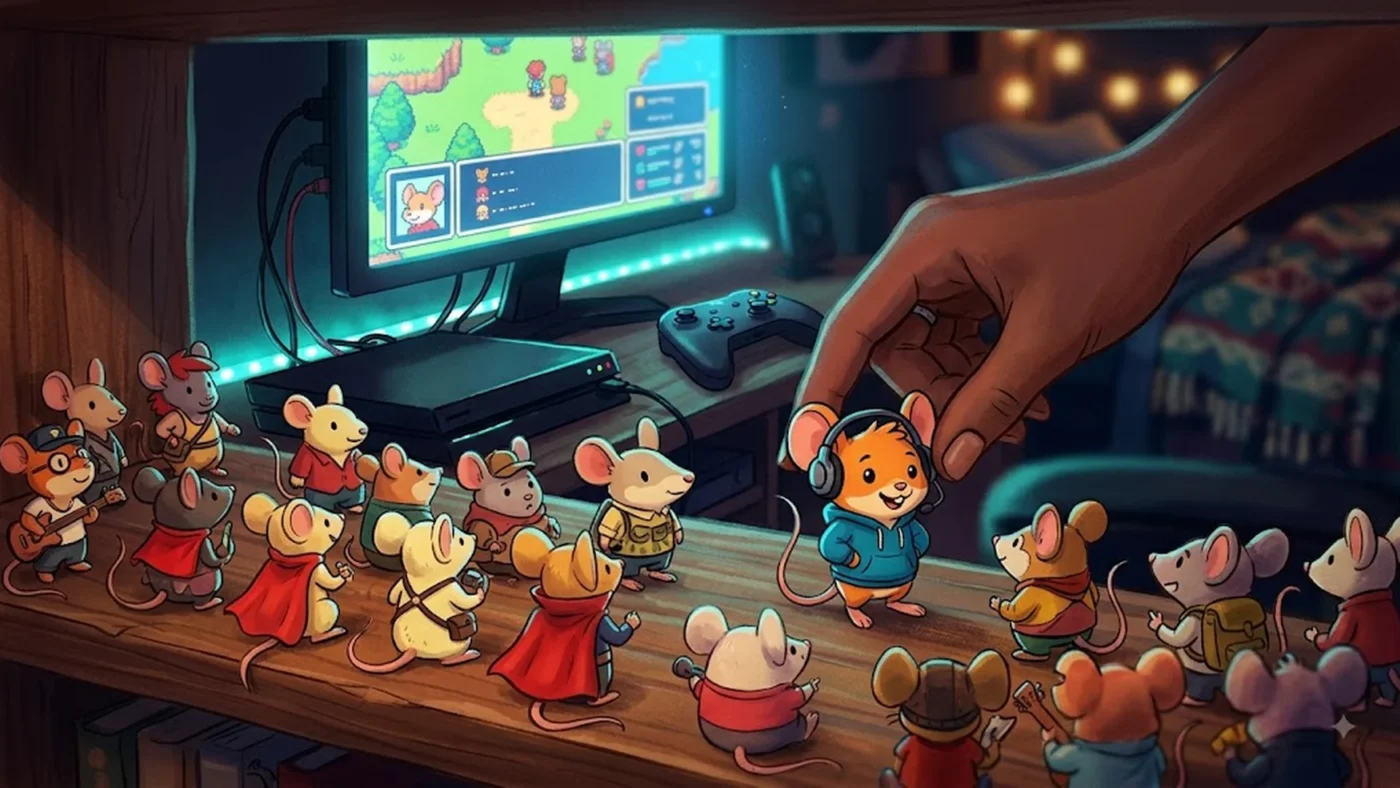 Figurines de souris cartoon inspirées de Mickey exposées avec une console dans un espace gaming éclairé par des LED