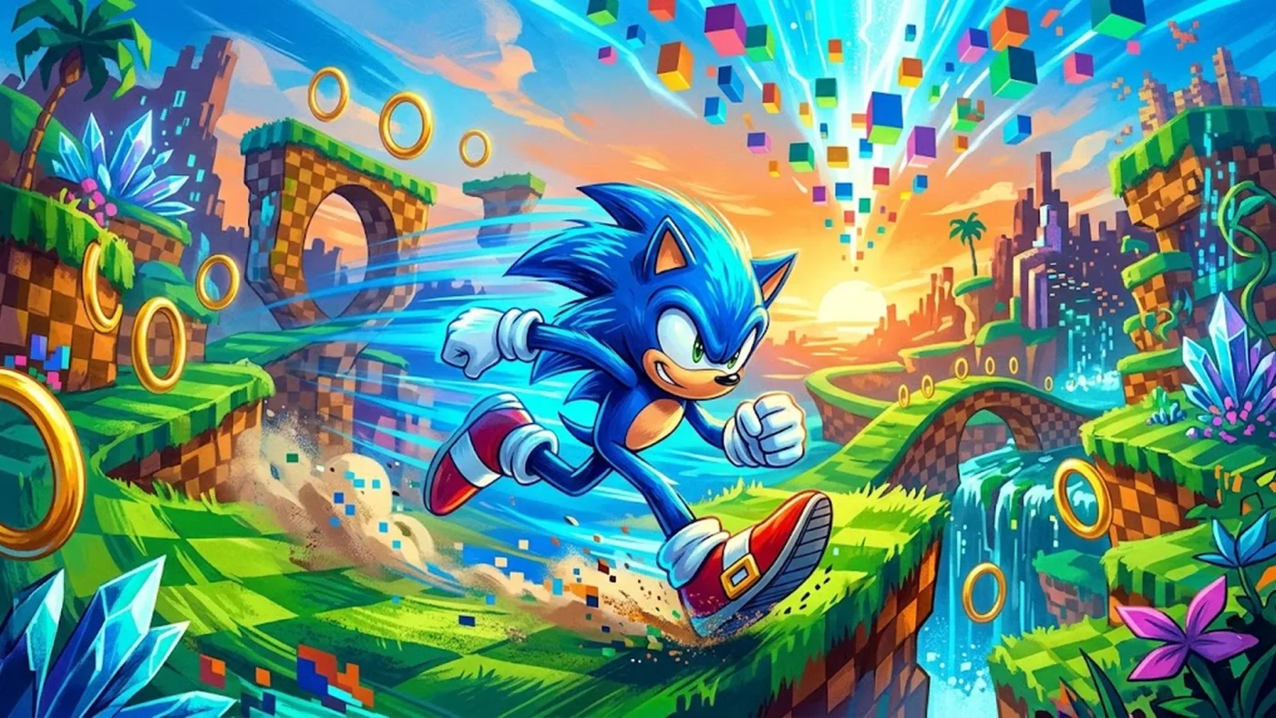 Illustration Fortnite saison 4 Override montrant Sonic et des personnages de jeux vidéo dans un paysage hybride avec Green Hill Zone et blocs Tetris