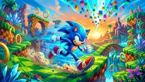 Illustration Fortnite saison 4 Override montrant Sonic et des personnages de jeux vidéo dans un paysage hybride avec Green Hill Zone et blocs Tetris