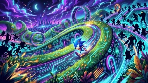 Illustration de Fortnite Système Hacké avec Sonic et des personnages emblématiques du jeu vidéo sur une île aux circuits imprimés lumineux