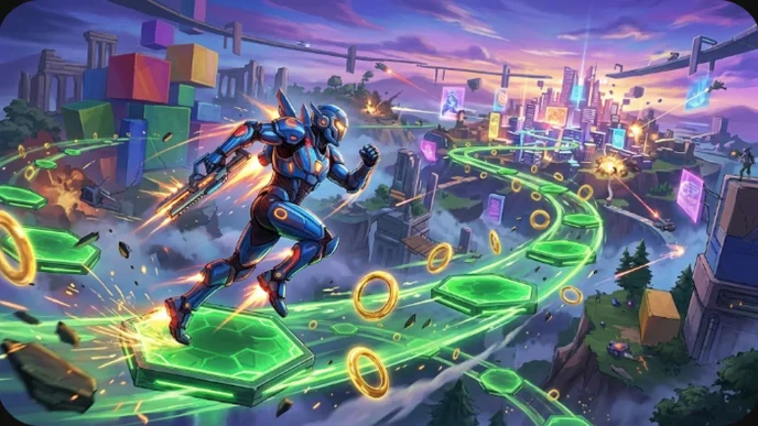 Illustration Fortnite v42.00 Chapter 7 Season 4 Override avec personnage battle royale sur plateforme verte, maintenance 20 août 2026