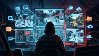 Illustration d’une enquête numérique sur les fuites de GTA VI, avec des écrans montrant des données de développement et des connexions entre plateformes en ligne.