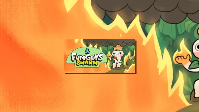 Image promotionnelle de Funguys Swarm montrant un personnage champignon dans une forêt en feu