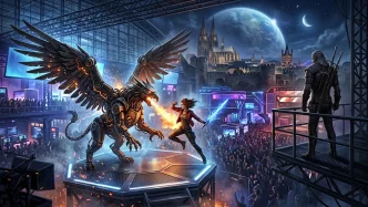 Illustration de la Gamescom 2026 montrant une aventurière et un sorceleur face à une créature mécanique