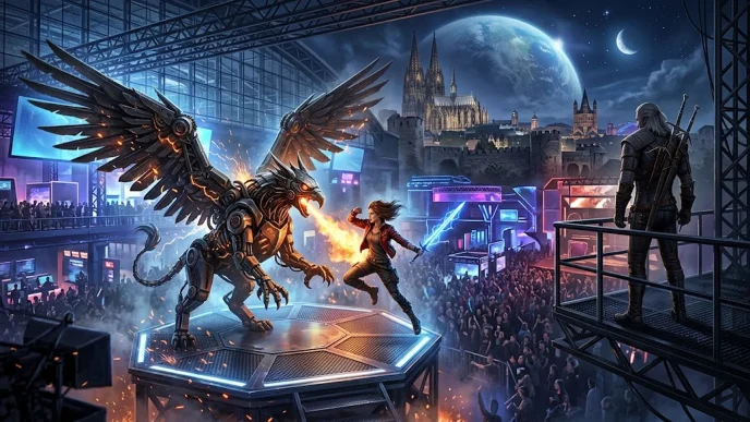 Illustration de la Gamescom 2026 montrant une aventurière et un sorceleur face à une créature mécanique