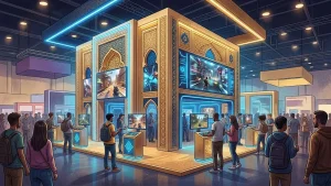 Illustration du pavillon Qatar à la Gamescom 2026 présentant des studios de jeu vidéo et des démos, avec une ambiance de salon professionnel et des écrans interactifs.