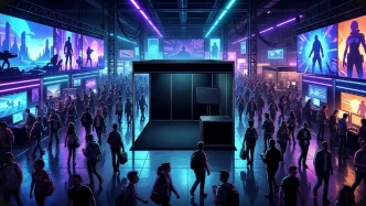 Illustration du salon Gamescom 2026 à Cologne avec un stand vide au centre, symbolisant l'absence de GTA VI parmi la foule de visiteurs sous des écrans lumineux.