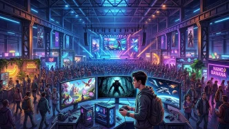 Visiteur jouant à un jeu vidéo dans un salon Gamescom 2026 rempli de stands, d’écrans et de spectateurs