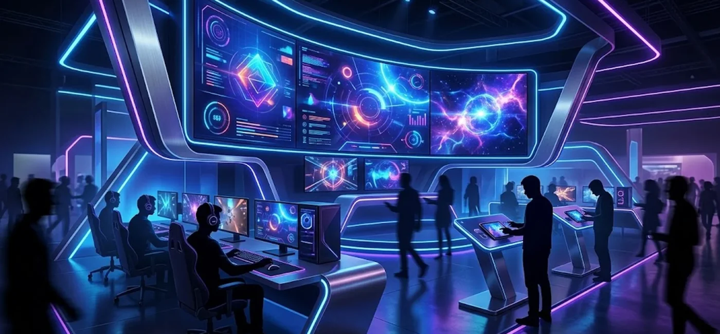 Stand gaming immersif Samsung de 1 090 m² à la Gamescom 2026, avec écrans Odyssey, zone mobile Galaxy et ambiance high-tech néons bleus et violets.
