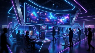 Stand gaming immersif Samsung de 1 090 m² à la Gamescom 2026, avec écrans Odyssey, zone mobile Galaxy et ambiance high-tech néons bleus et violets.