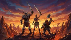 Illustration de trois aventuriers fantasy (guerrier barbare, amazone, nain) épées levées sur un promontoire rocheux face à un ciel crépusculaire orange et violet, série animée Golden Axe Paramount+ septembre 2026