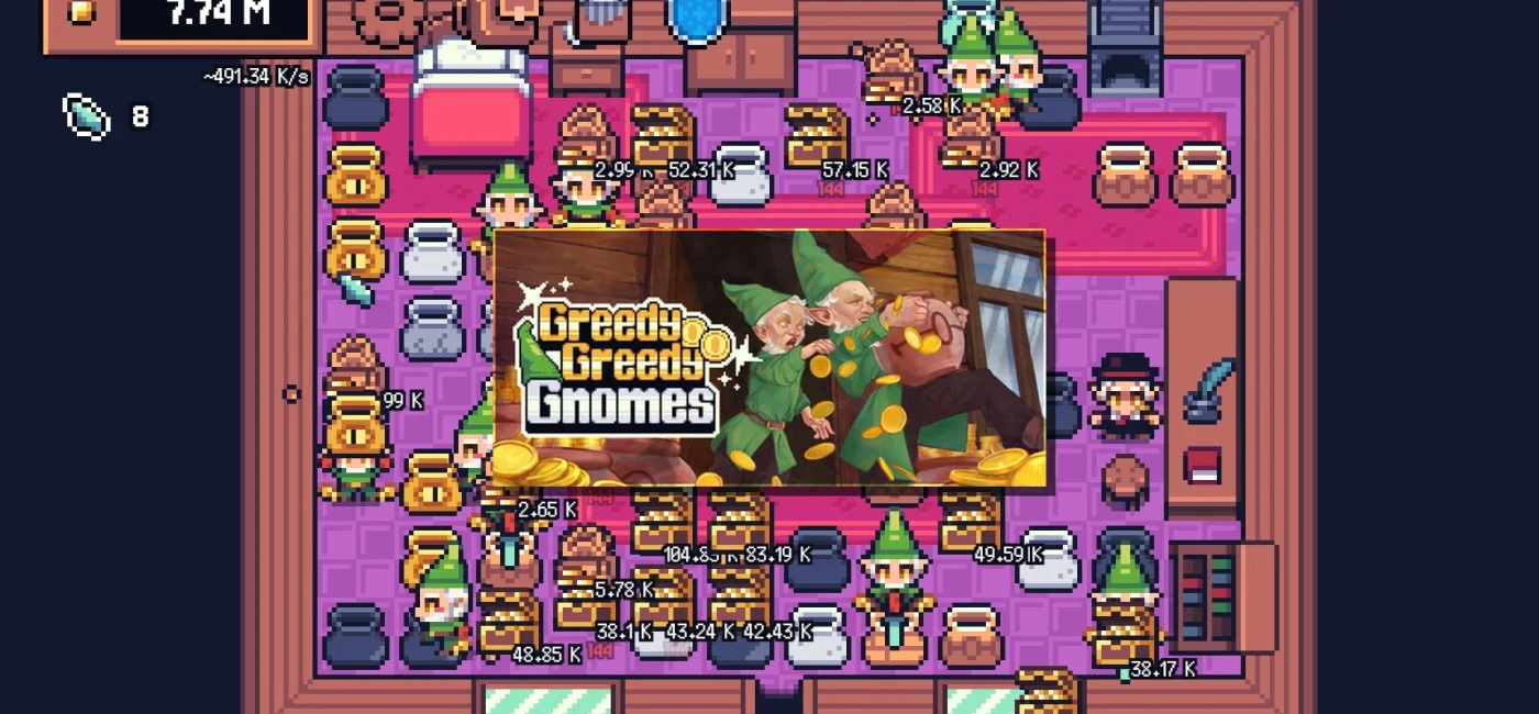 Illustration de Greedy Greedy Gnomes, jeu idle RPG satirique avec gnomes automatisés cassant des pots pour accumuler des pièces dans la ville d'Eldor'Idle