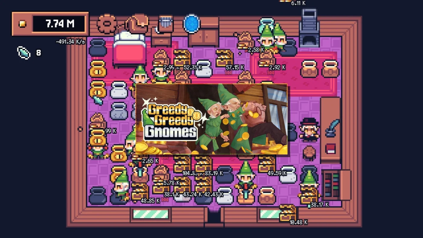 Illustration de Greedy Greedy Gnomes, jeu idle RPG satirique avec gnomes automatisés cassant des pots pour accumuler des pièces dans la ville d'Eldor'Idle