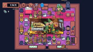 Illustration de Greedy Greedy Gnomes, jeu idle RPG satirique avec gnomes automatisés cassant des pots pour accumuler des pièces dans la ville d'Eldor'Idle