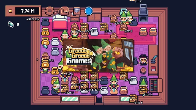 Illustration de Greedy Greedy Gnomes, jeu idle RPG satirique avec gnomes automatisés cassant des pots pour accumuler des pièces dans la ville d'Eldor'Idle