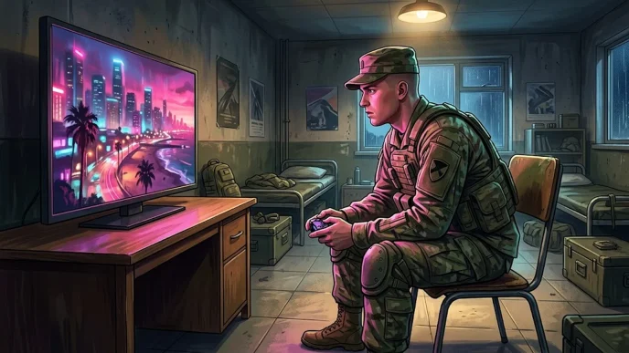 Illustration d'un soldat américain dans une caserne tenant une manette de jeu, évoquant l'offre de congé spécial de l'armée pour jouer à GTA VI en novembre 2026.