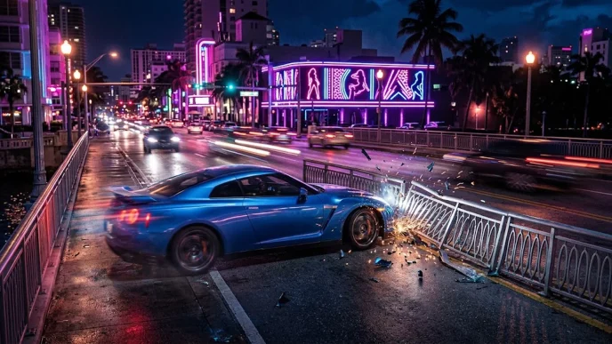 Illustration GTA 6 fuite : voiture de sport accident au ralenti devant un club de strip-tease à Vice City, néons nocturnes.