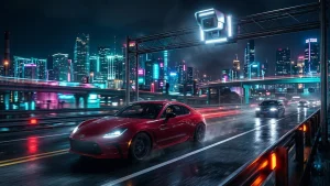 Illustration de GTA 6 montrant une voiture sportive fictive surveillée par une caméra de circulation à Vice City