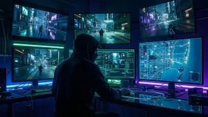 Hacker anonyme devant des écrans affichant une carte fictive et des scènes de gameplay urbain inspirées de GTA 6