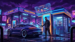 Illustration GTA 6 montrant une station-service de nuit avec un personnage armé braquant un commerce et une interface de ravitaillement de voiture affichant 32 dollars