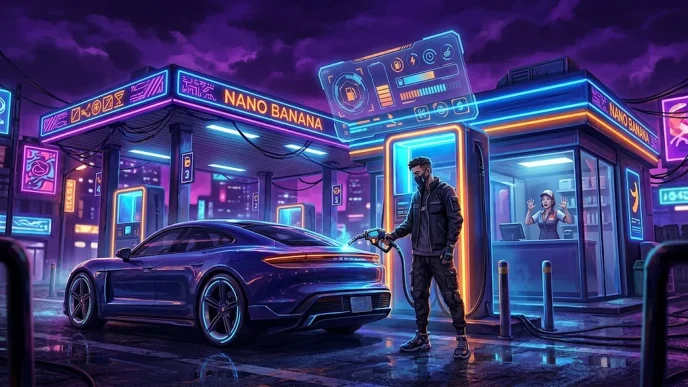 Illustration GTA 6 montrant une station-service de nuit avec un personnage armé braquant un commerce et une interface de ravitaillement de voiture affichant 32 dollars