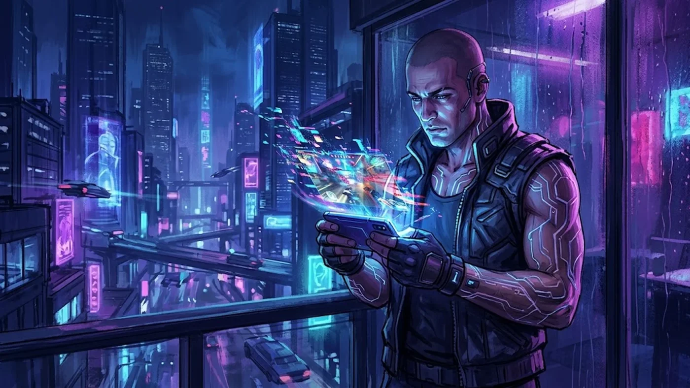 Illustration GTA 6 leaker Cyberleek tenant smartphone avec fuites gameplay, ambiance cyberpunk urbaine nocturne néons bleus et violets