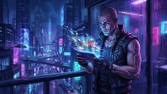 Illustration GTA 6 leaker Cyberleek tenant smartphone avec fuites gameplay, ambiance cyberpunk urbaine nocturne néons bleus et violets