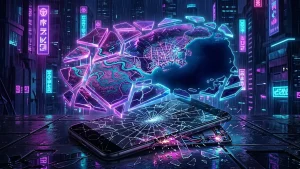 Illustration d'une carte holographique fragmentée de Leonida avec des éléments de gameplay de GTA 6 flottant au-dessus d'un smartphone