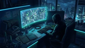 Illustration éditoriale d'un écran fissuré avec code vert et bleu s'échappant, symbolisant les fuites de gameplay de GTA 6 chez Rockstar Games en août 2026