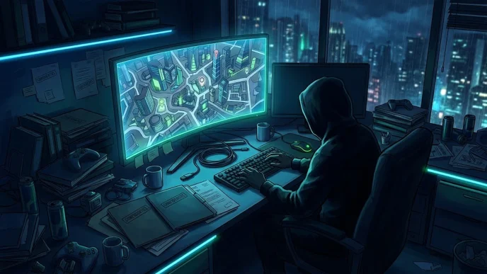 Illustration éditoriale d'un écran fissuré avec code vert et bleu s'échappant, symbolisant les fuites de gameplay de GTA 6 chez Rockstar Games en août 2026