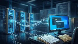 Illustration montrant des identifiants MachineGuid Windows reliant un ordinateur à trois serveurs Discord, avec des documents juridiques subpoena, représentant l'enquête Take-Two sur les fuites GTA 6