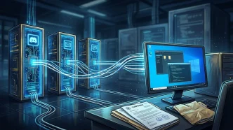 Illustration montrant des identifiants MachineGuid Windows reliant un ordinateur à trois serveurs Discord, avec des documents juridiques subpoena, représentant l'enquête Take-Two sur les fuites GTA 6