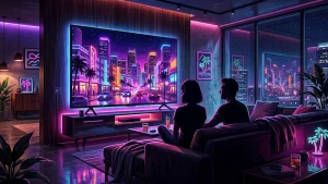 Illustration GTA 6 Netflix montrant un écran TV diffusant une skyline néon urbaine nocturne avec deux silhouettes de personnages, ambiance cyberpunk violet et orange