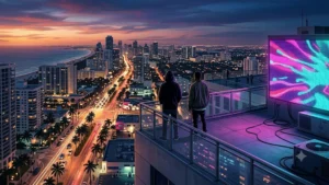 Vue panoramique d’une ville côtière au crépuscule, avec deux silhouettes et un écran lumineux évoquant l’Extended Look de GTA 6 sur Netflix.