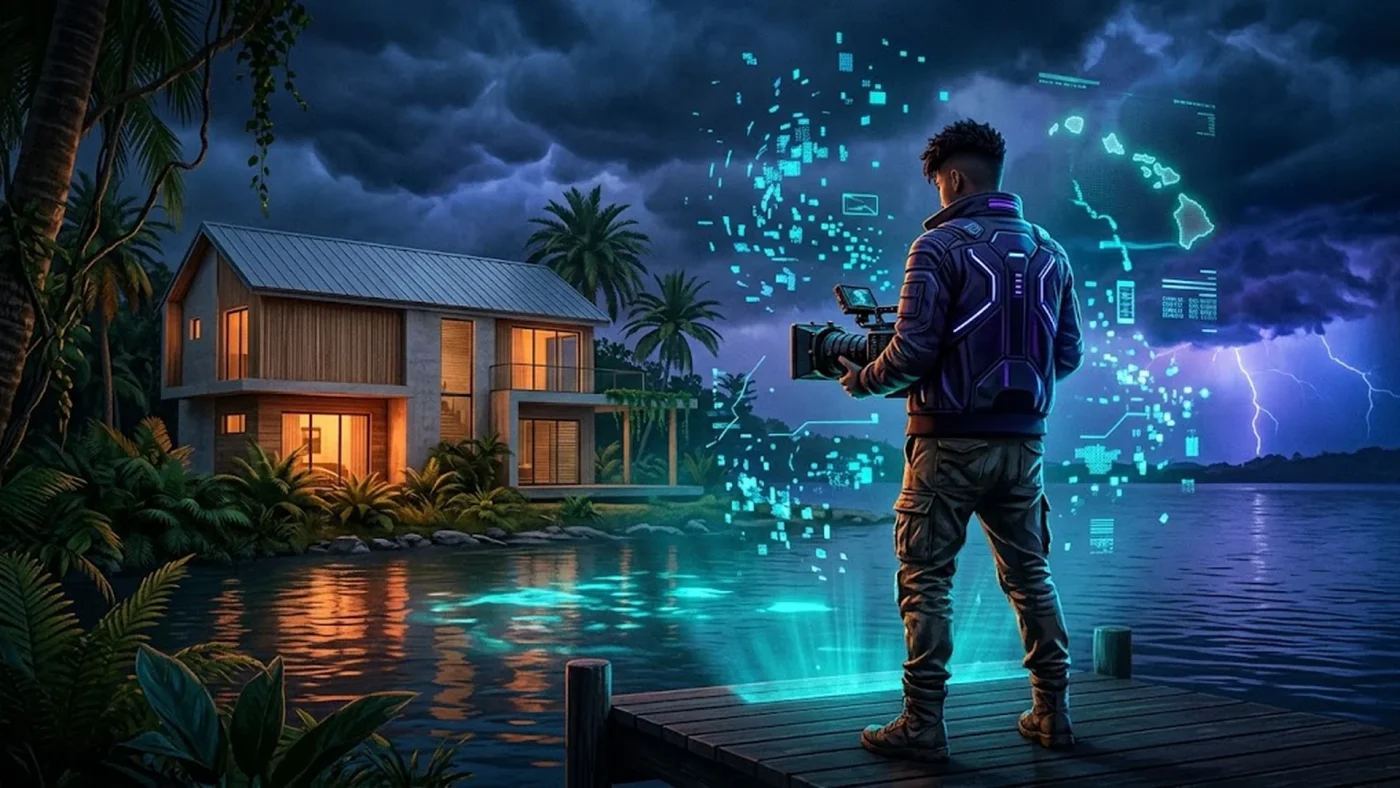 Illustration d’une fuite présumée de GTA 6 montrant un personnage original devant une maison tropicale, avec des fragments numériques et une carte insulaire