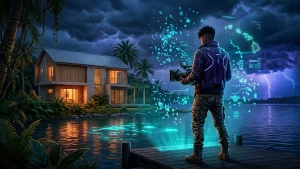 Illustration d’une fuite présumée de GTA 6 montrant un personnage original devant une maison tropicale, avec des fragments numériques et une carte insulaire