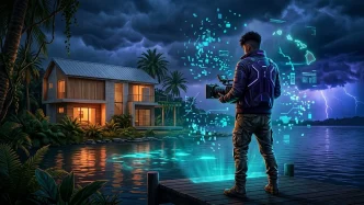 Illustration d’une fuite présumée de GTA 6 montrant un personnage original devant une maison tropicale, avec des fragments numériques et une carte insulaire