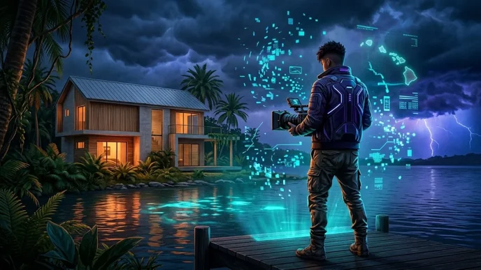 Illustration d’une fuite présumée de GTA 6 montrant un personnage original devant une maison tropicale, avec des fragments numériques et une carte insulaire