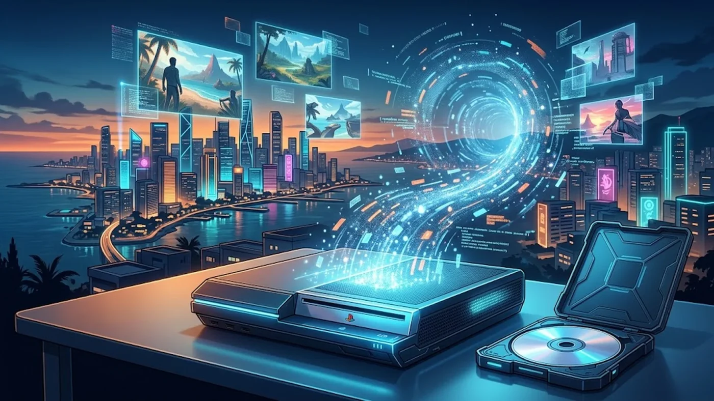 Console futuriste téléchargeant GTA 6 avec un disque physique vide et un SSD presque saturé