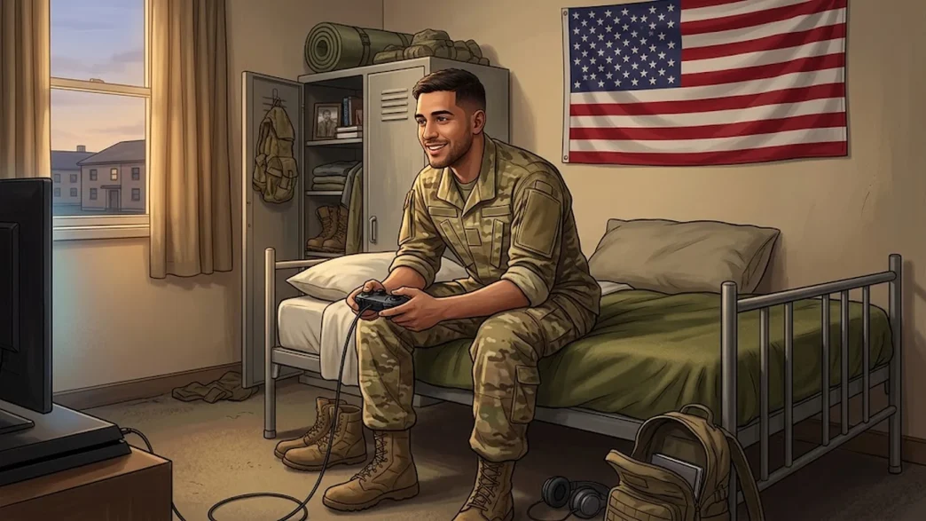 Soldat américain en uniforme dans sa caserne tenant une manette de jeu pour GTA VI, illustration permission spéciale armée
