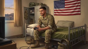 Soldat américain en uniforme dans sa caserne tenant une manette de jeu pour GTA VI, illustration permission spéciale armée