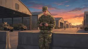 Illustration d'un soldat américain tenant une manette de jeu devant la base de Fort Stewart, évoquant l'offre de 4 jours de congé pour jouer à GTA VI